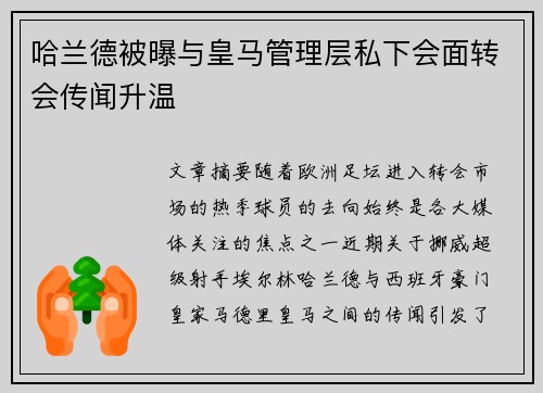 哈兰德被曝与皇马管理层私下会面转会传闻升温